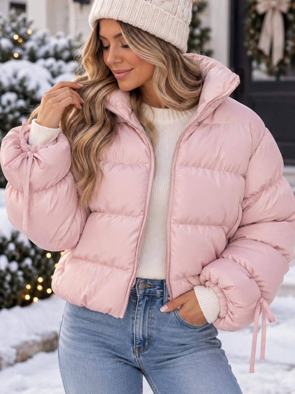 NWT Wild Fable Pink Cropped Puffer Jacket XS Tie Cuff Water Resistant Preppy